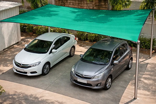 Protective green netting covering a parking area